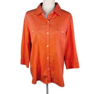 Chico's Button Down Blouse Orange White Polka Dots XL/16